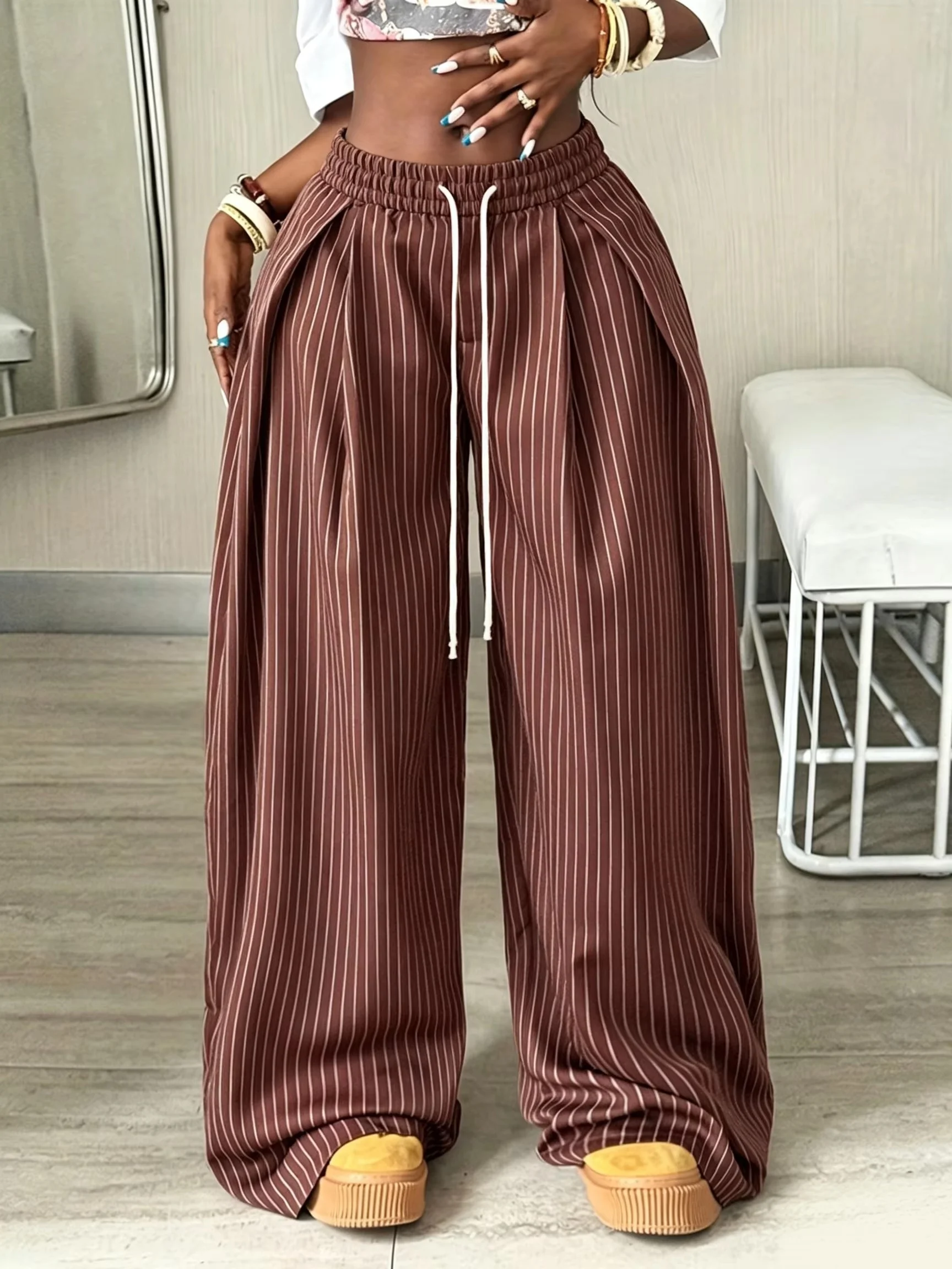 Neutral 3D Vertical Stripe Printed Quick Drying Straight Leg Pants, Loose Streetwear, Casual Sports, Quick Drying