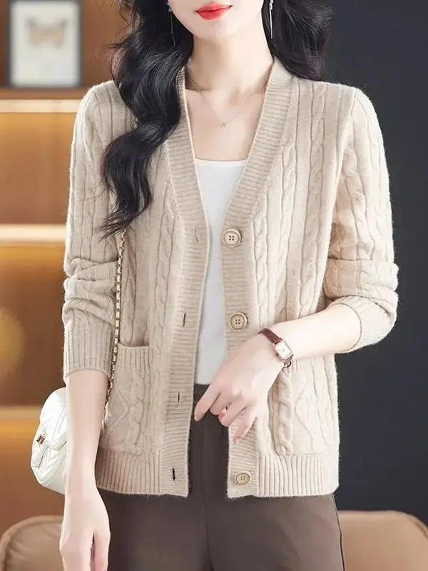 Cárdigan Corto Hoado de Punto con Cuello en V para Primavera y Otoño, Chaqueta de Suéter con Botón Único a la Moda para Muj...