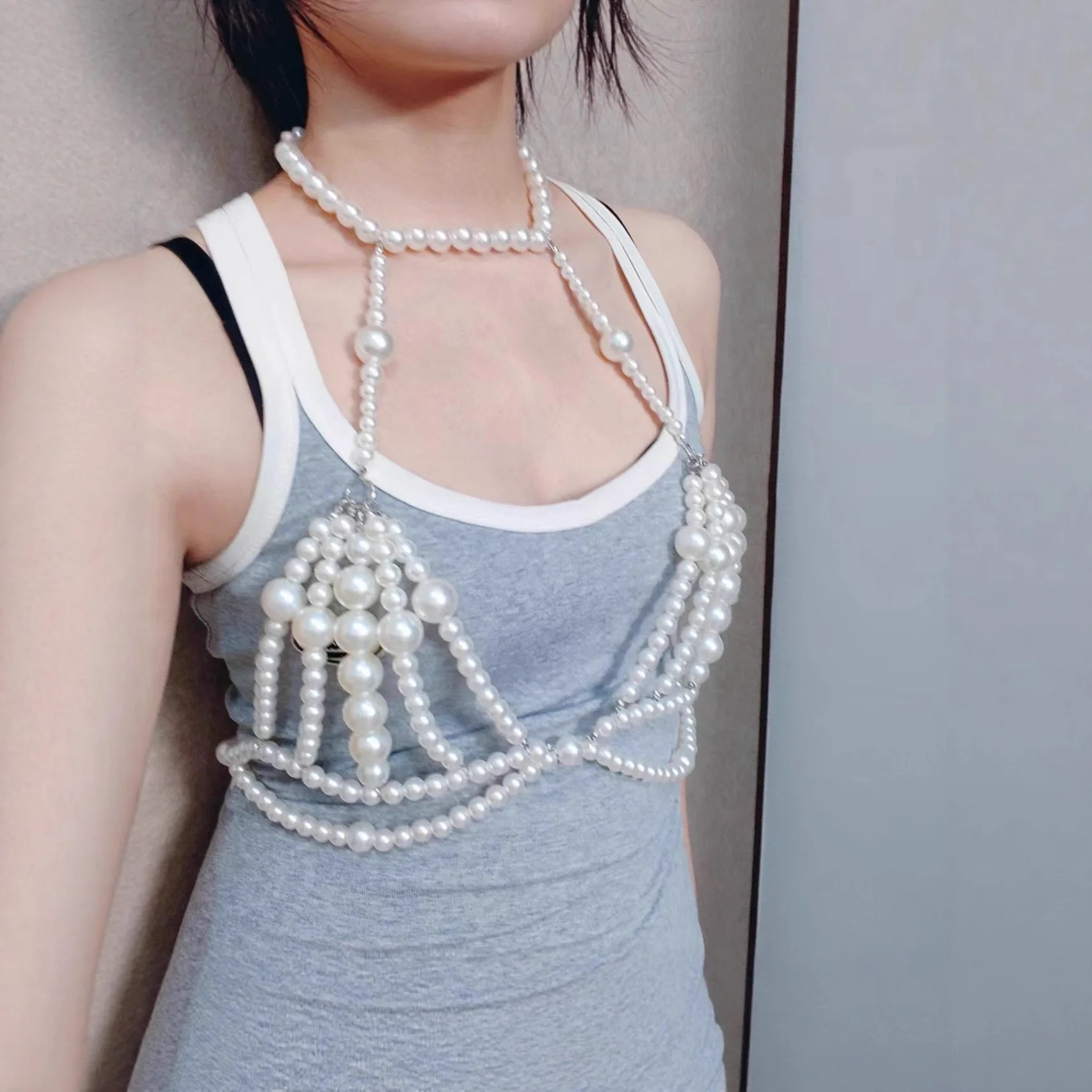 Elegant Statement High Gloss Faux Pearl Bead Body Chain Bra Top Sex Caged Harness Bikini Lingerie Necklace Layering Jewelry