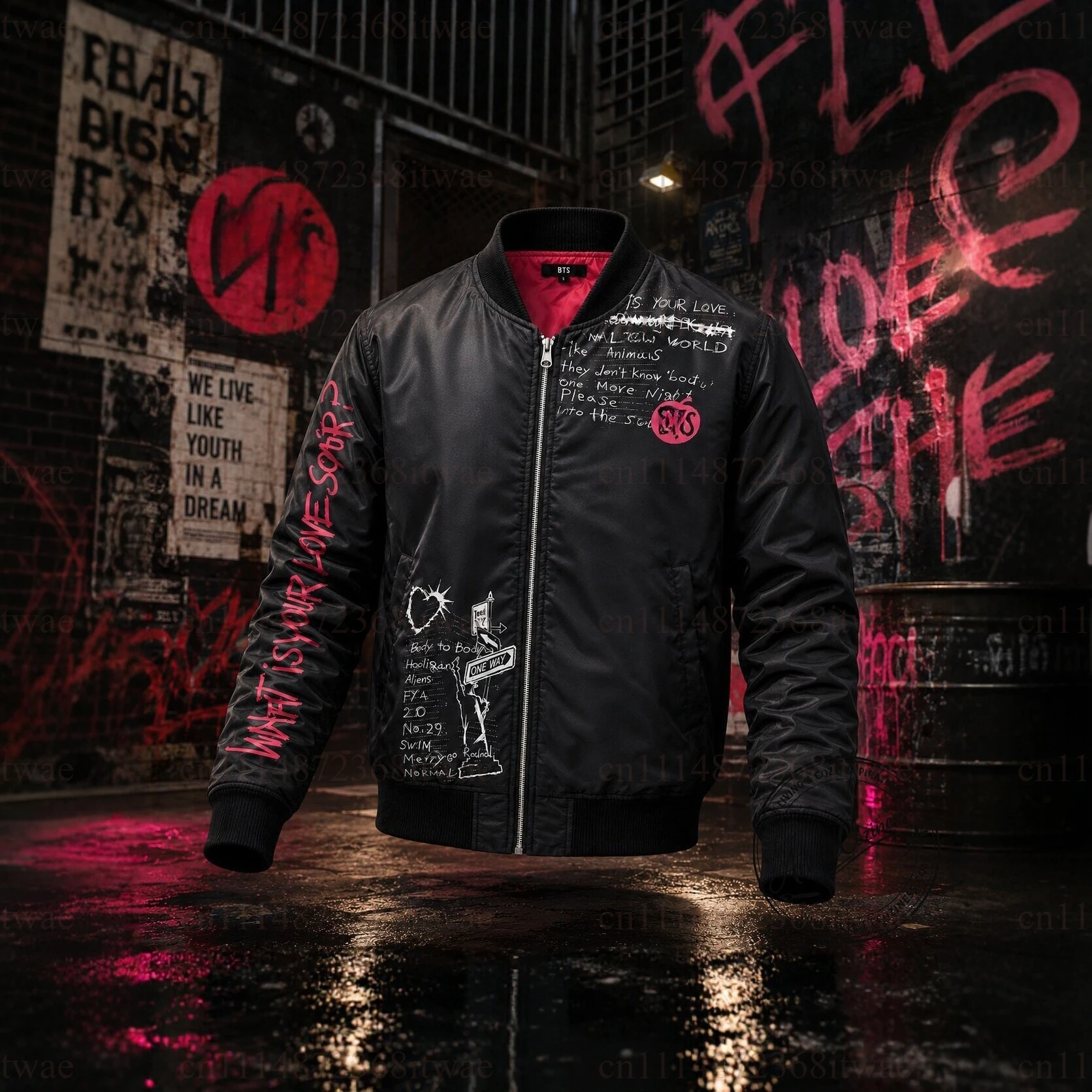 Black Graffiti Letter Printed Bomber Jacket Men Women Zip Baseball Coat Loose Fit Street Style Outerwear Fan Collectible Top