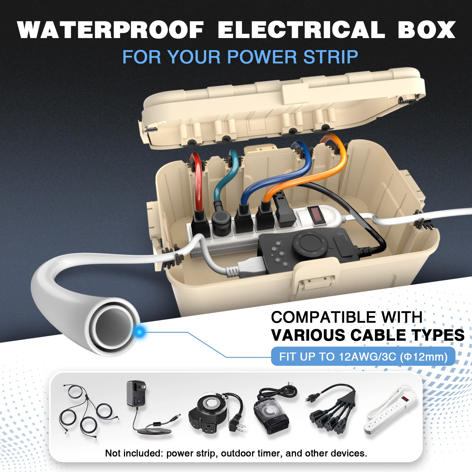 Large IP54 Waterproof Outdoor Electrical Box, Extension Cord Cover for Plugs, Power Strips and Garden Timers, Multiple Colors