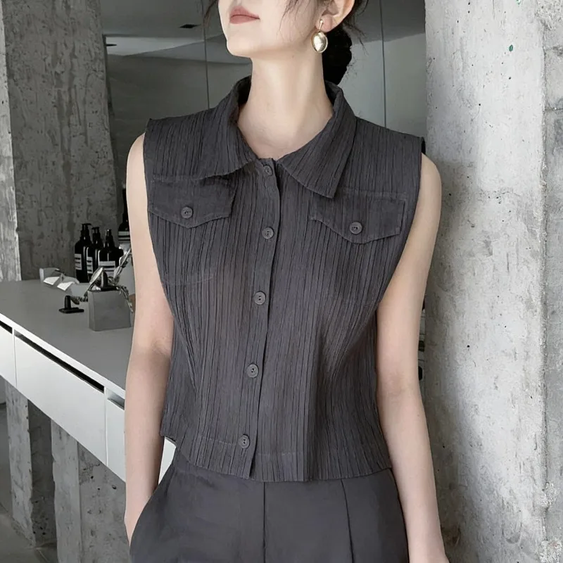 

Miyake Women's Shirt T-Shirt 2026 Summer Slim Sleeveless Lapel Button Up Simple Casual Commuter Office Clothing High Elasticity