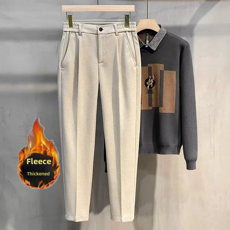 Men's Woolen Pants High-end Feeltrousers Casual Straight-leg Fleece-lined Thickened Autumn/winter Warm Trousers