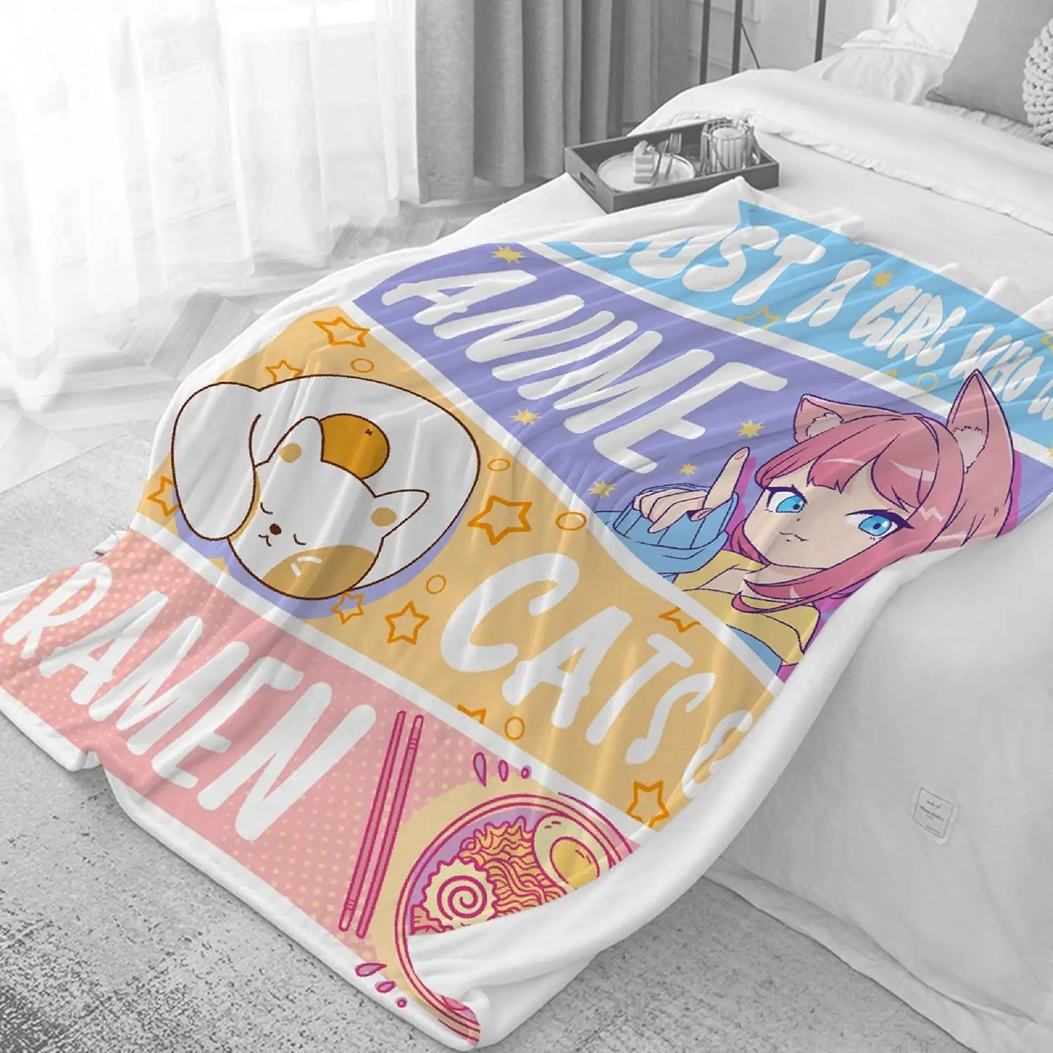 Kawaii Anime Flannel Blanket – Cute Cats & Ramen Design for Girls, Women & Kids Who Love Anime