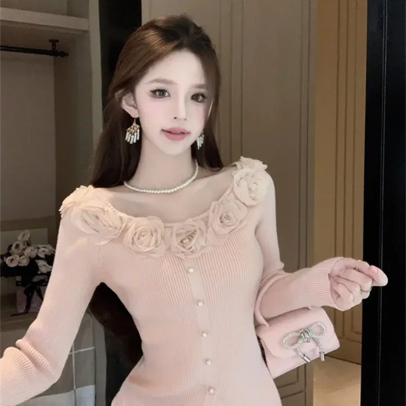 

Нижний свитер Розовый цветочный свитер Женский топ на одно плечо