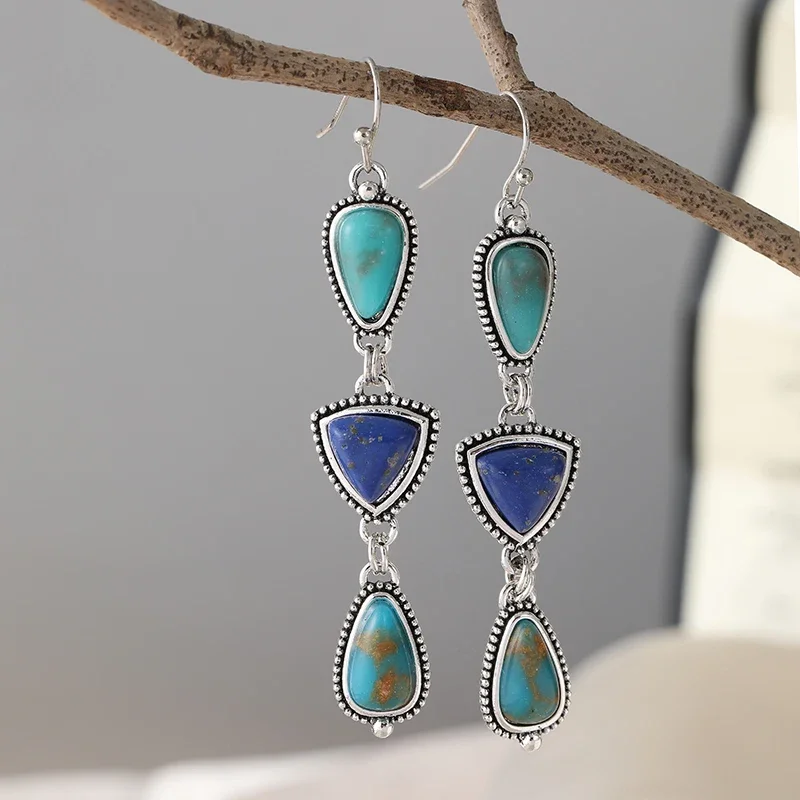 Vintage Edelstein-Türkis-Anhänger-Ohrringe im Bohemian-Stil, Hängende Ohrhänger für Lässigen Schmuck-Look