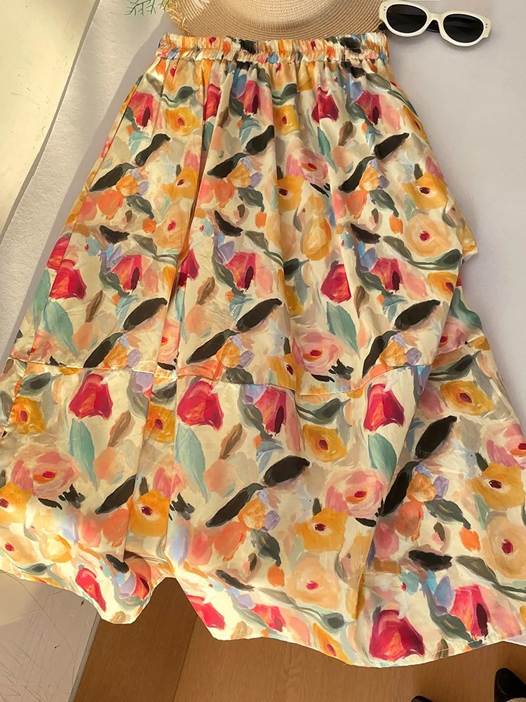 Orange Yellow Oil Painting Floral Lantern Half Skirt Women's Summer High Waist Slimming Draping A-Line Bloom Umbrella Skirt