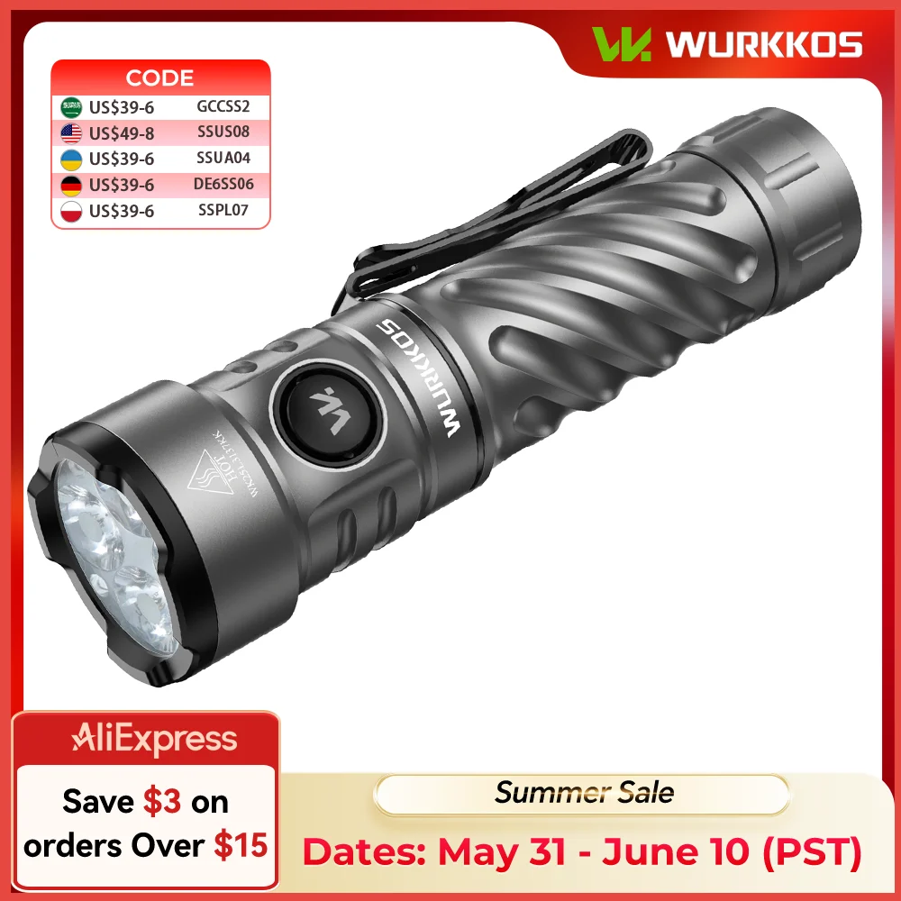Wurkkos TS26 Rechargeable Flashlight 3470Lm IPX8 Waterproof Torch with 21700 Battery RGB Light Andural 2.0 for Camping Fishing