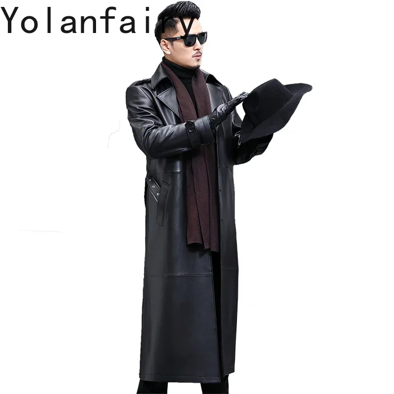 YOLANFAIRY Genuine Leather Jacket Man Long Leather Windbreaker Men's Long Sheepskin Trench Coat Natural Leather Coat Jaqueta