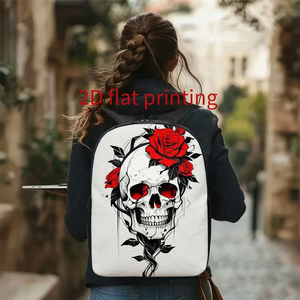 Mochila de una pieza con estampado de calavera y ojos de rosa roja, linda mochila de viaje ligera, correas ajustables para los hombros