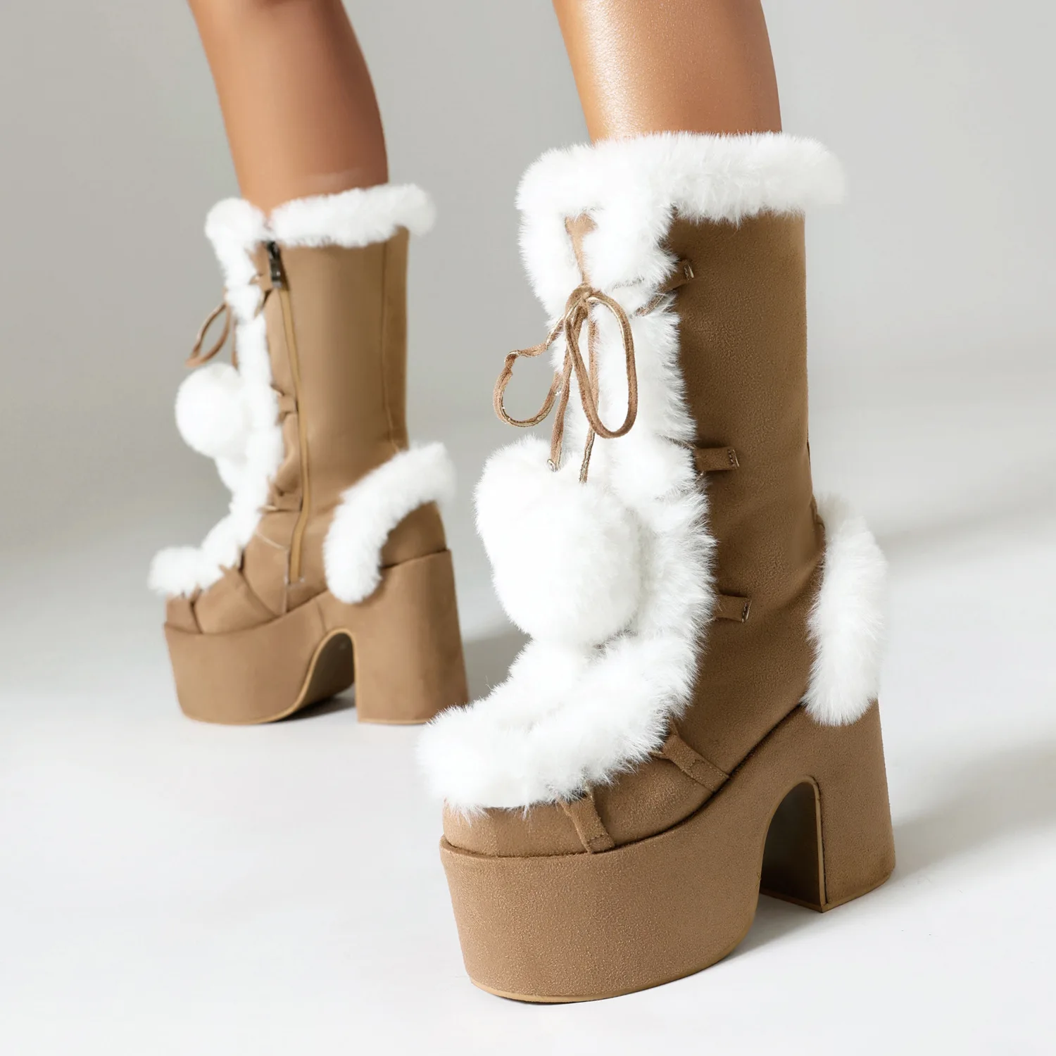 Gothic Platform Boots Mid Calf Fuzzy Bratz Shoes Vigilance Chunky Lolita White Snow Plush Gothic Boats Y2K Doll Shoes For Women