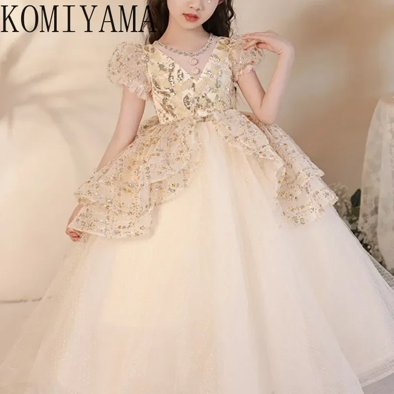 ที่กําหนดเองหวาน O-คอประดับด้วยลูกปัด Ball Gown ชุดวันเกิดพัฟแขน Slim ดอกไม้สาว Spliced หรูหรา Shinny Princ