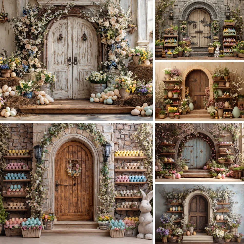 

Boho Style Easter Backdrop Flowers Arch Door Colorful Eggs Interior Baby Shower Kids Portrait Photography Background Photostudio