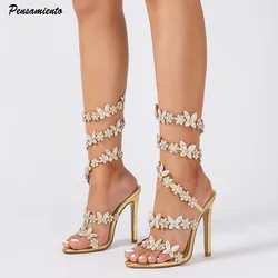 Vrouwen Bloem Decor Hakken Sandalen Mode Open Teen Jurk Pompen Stijlvolle Touw Stiletto Sandalen Strass Effen Kleur Feestschoenen