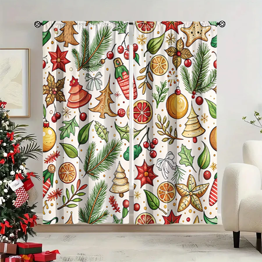 2PCS Christmas Winter Curtains, Hand Drawn Pine Orange Berry Candle Star, Digital Print, Bedroom Living Room, Home Decor