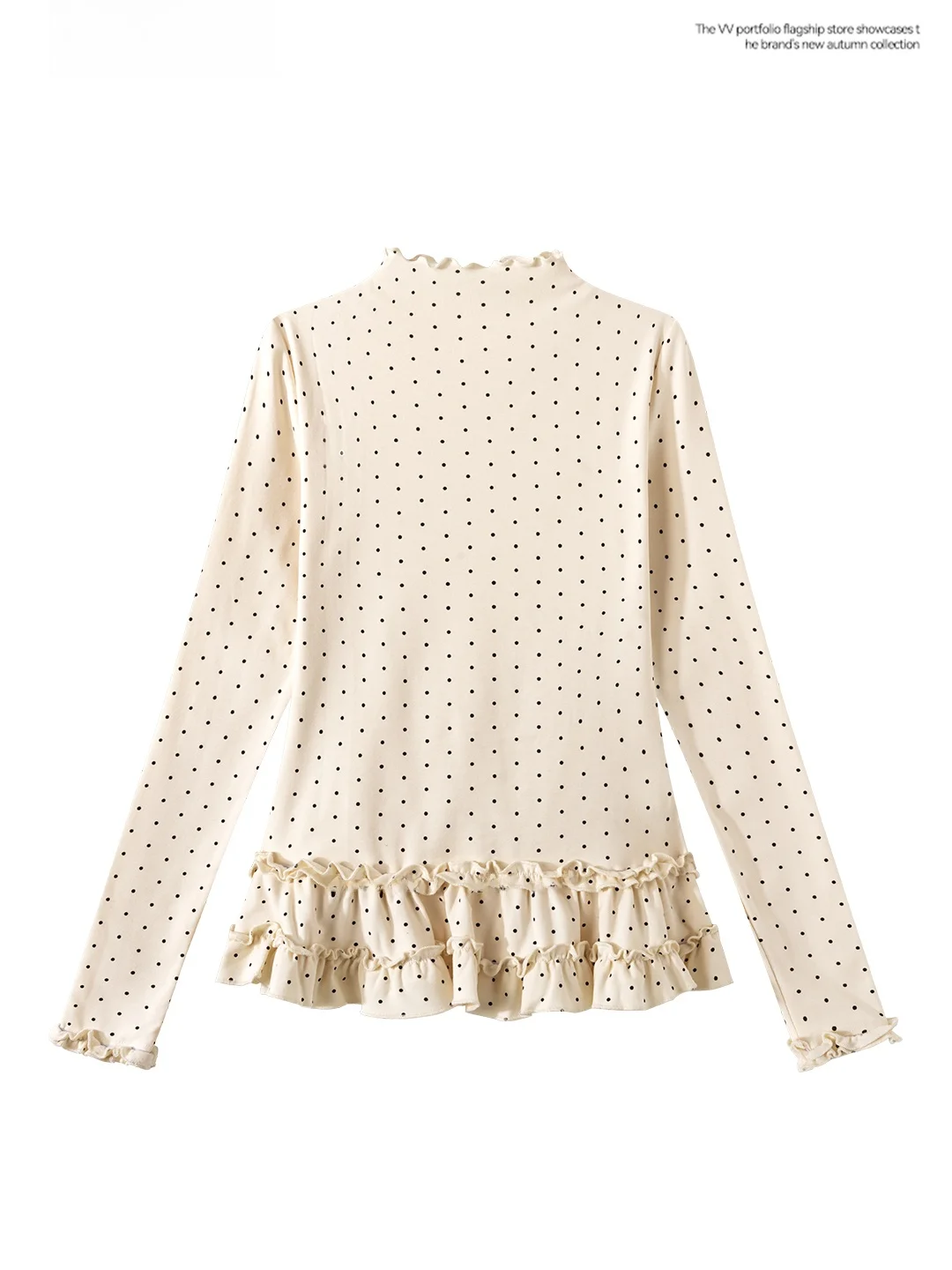 Chic Polka Dot Long Sleeve round Neck T-Shirt Women's Slim Fit Wood Grain  Spring Fashion Anti Aging Apricot Bell Sleeve