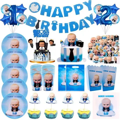 Ballons Baby Shower Happy Birthday Banner Party Decoration Blue Bossed Boy Disposable Tableware Kids Cake Topper Latex Balloon