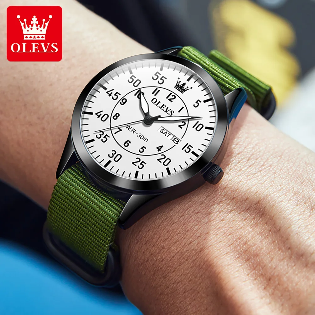 OLEVS-ساعة كوارتز مضادة للماء للرجال ، ساعة رجالية ، مضيئة ، تاريخ الأسبوع ، حزام نايلون ، فاخر ، رياضي ، علامة تجارية مميزة ، موضة جديدة ، 9973