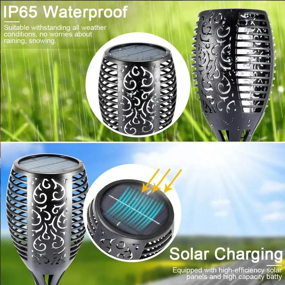 Solar-Gartenfackel mit Flackerlicht, 96 LED Solarleuchten, Wasserdichte Deko-Landschaftsbeleuchtung für Rasen und Wege – Detail 3