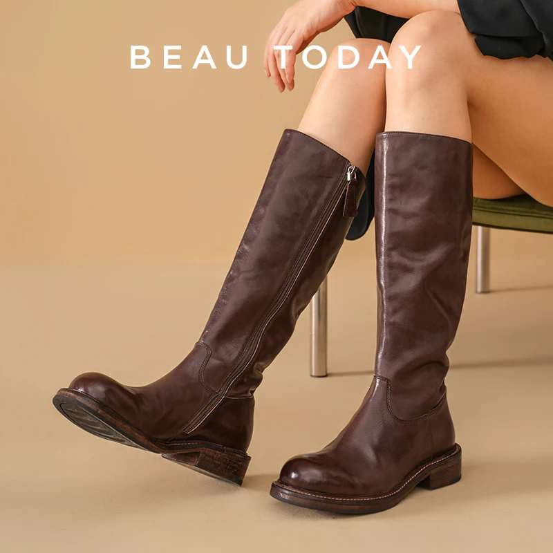BEAUTODAY Retro Long Boots Women Genuine Horse Leather Riding Boots Sewing Round Toe Zipper  Ladies Autumn Knee High Shoes 01107