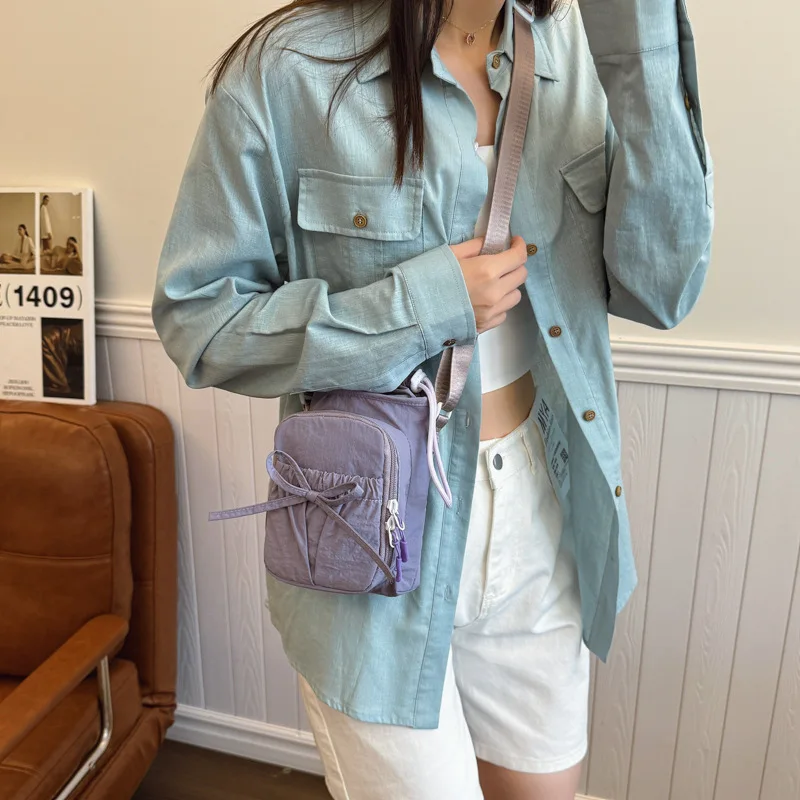 Nylon Shoulder Bag Versatile Drawstring Crossbody Bag Outdoor Bow Phone Bag Nylon Adjustable Kettle Handbag For Outdoor Daily