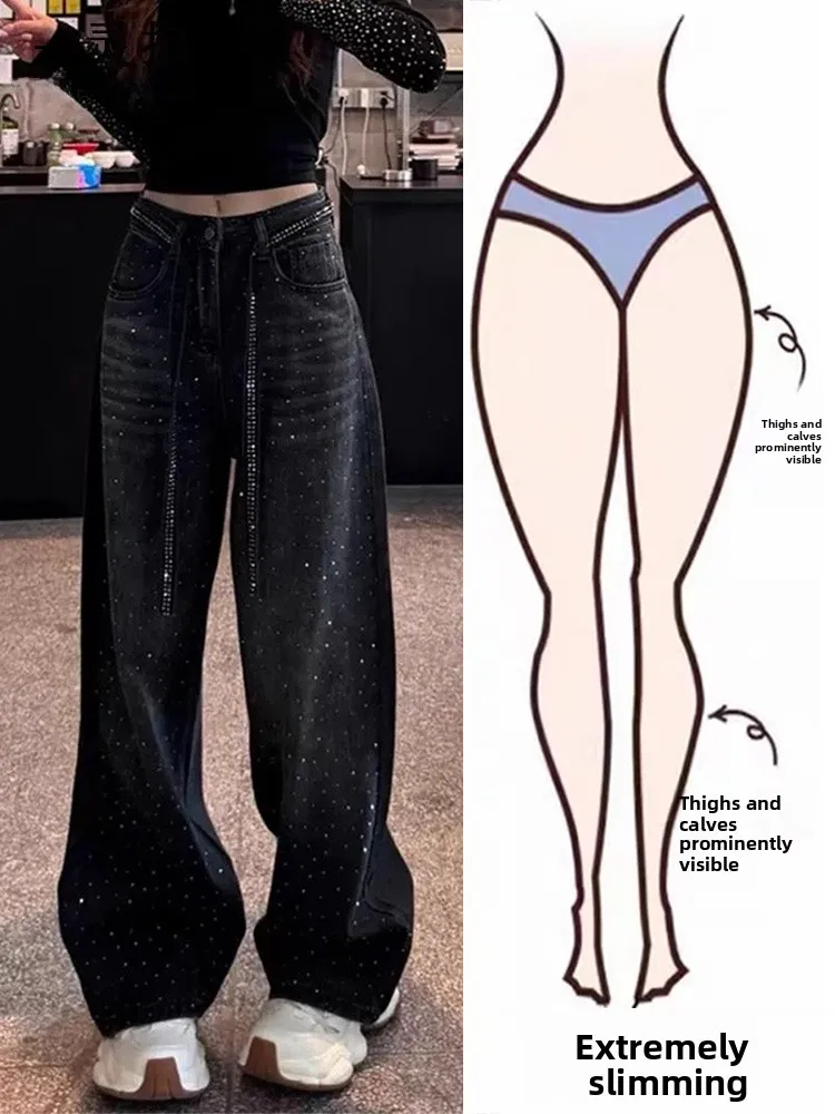 

plus Size High Waist Straight Leg Denim Jeans Women's Pear Shape Body Slimming Loose Fit Spring Autumn American Style Rhinestone