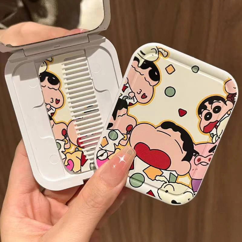 Anime Crayon Shin Chan espejo de mano espejo plegable peine maquillaje lindo portátil vacaciones niñas espejo cosmético regalos de navidad