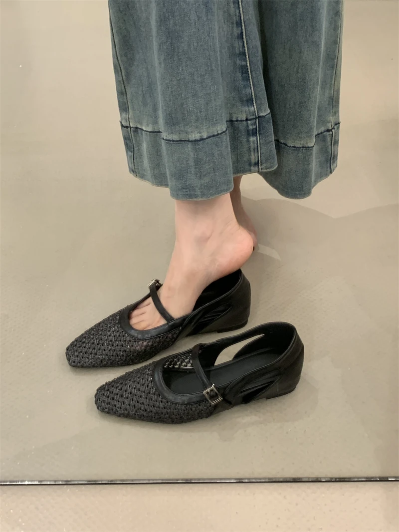 

Fashion Square Toe Women's Summer Shallow Hollow Outdoor Casual Chunky Heels Office Ladies Shoes Cheongsam Shoes