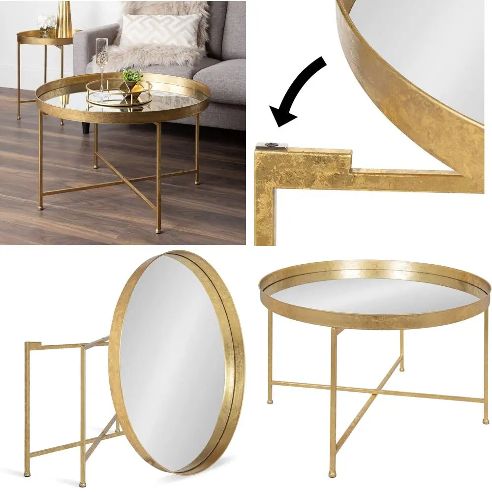 

Modern Minimalist Gold Frame Coffee Table with Detachable Magnetic Top, 28.25 Round, Mirrored Surface