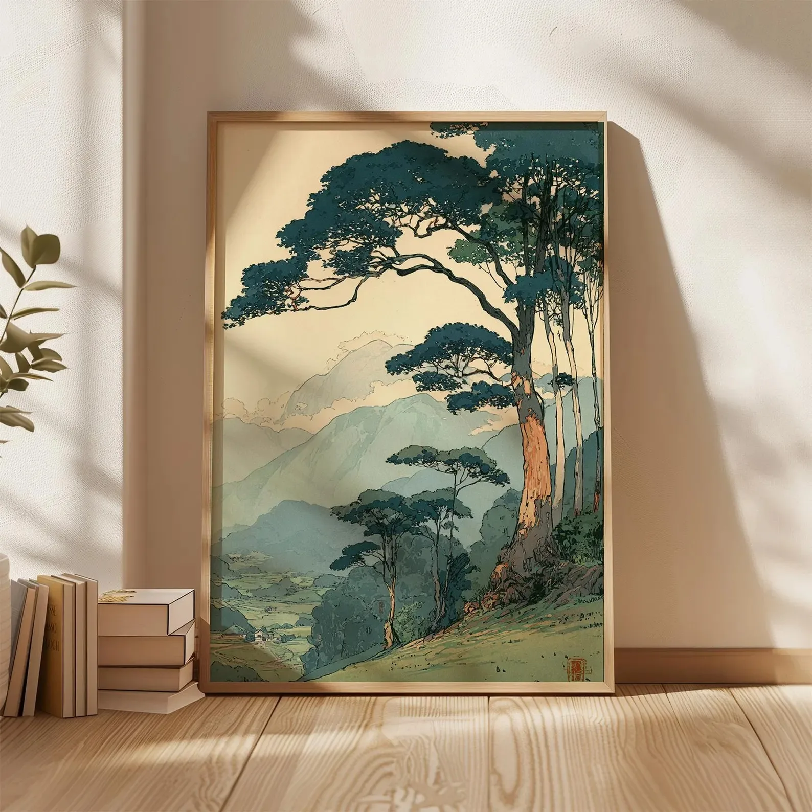 Vintage Japanese Forest Poster Tranquil Mountain Landscape Wall Art Retro Nature Print, Minimalist Tree Scene Home Decor