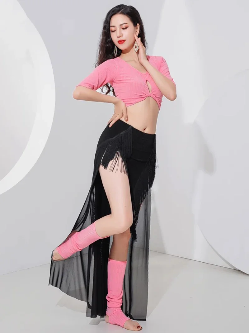 Women Belly Dance Costume Short Sleeves Top Tail Fringe Practice Class Uniform Mesh Tassels Skirts Stage Performance Dancewear