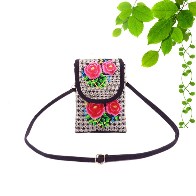 New ethnic style embroidered bag women\'s mobile phone bag clamshell canvas crossbody bag Double mobile phone bag purse