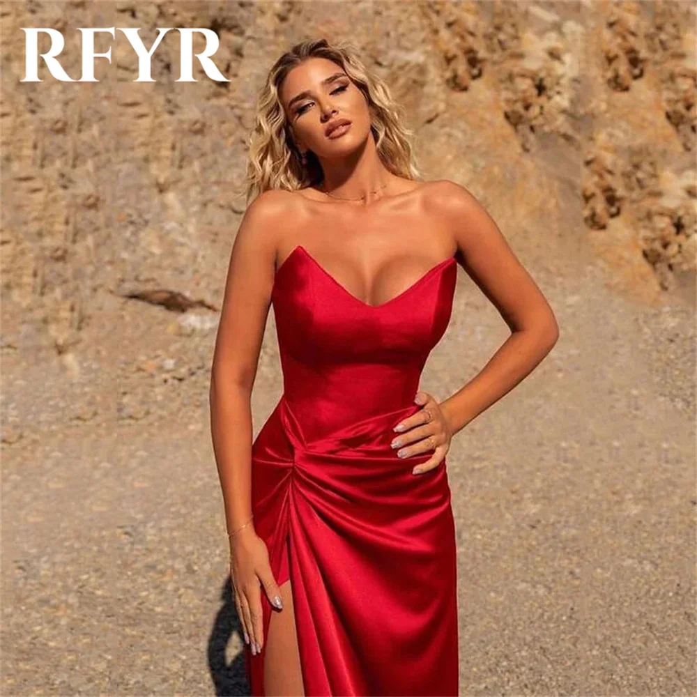 RFYR Red Stain Prom Dress Sweetheart Sleeveless Evening Dresses Trumpet Satin Party Dress Sexy High Side Split Robe De Soirée