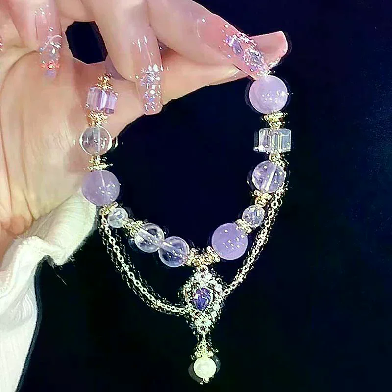 Chinese Style Light Luxury Purple Glass Crystal Beaded Bracelets For Women Tassel Pendant Bracelet Sweet All-match Wrist Jewelry