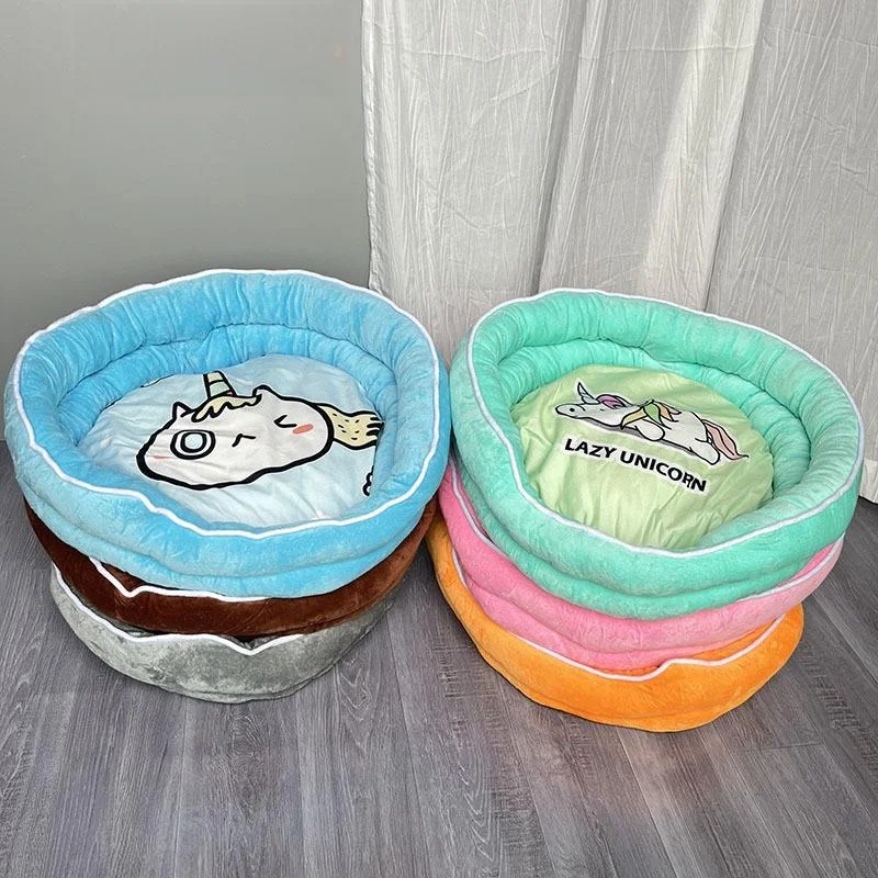 可愛いペット用犬猫ベッド、暖かい綿パッド、ペット用品、猫ベッド、漫画柄綿ベッド、丸型ベッド、冬用暖かいホームペットアクセサリー