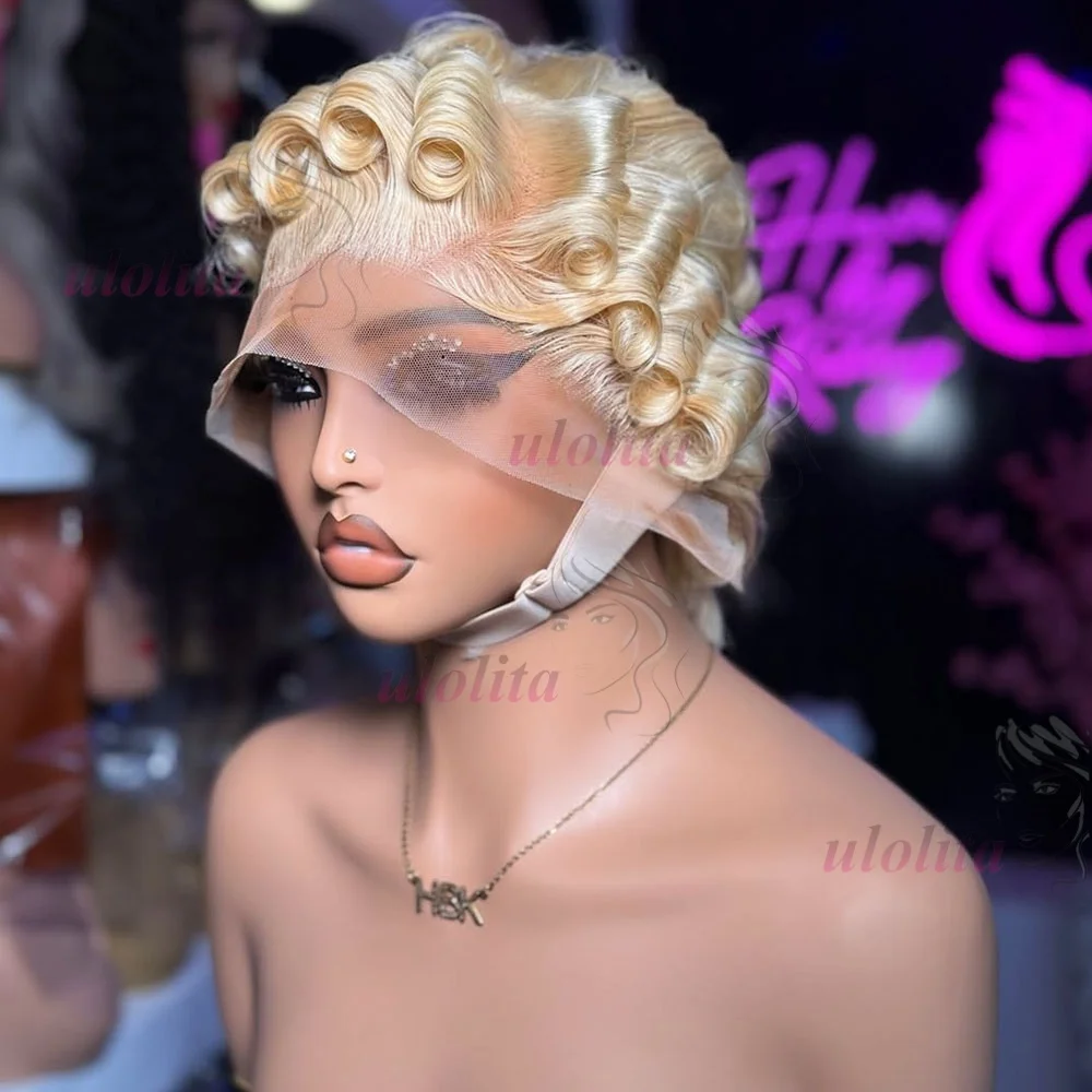 613 Blonde Pixie Cut Kurzer Bob Lockige Wellen Echthaarperücken Schokoladenbraun Kurzer Bob 13x4 Transparente Lace Front Perücken Vorgezupft – Detail 6