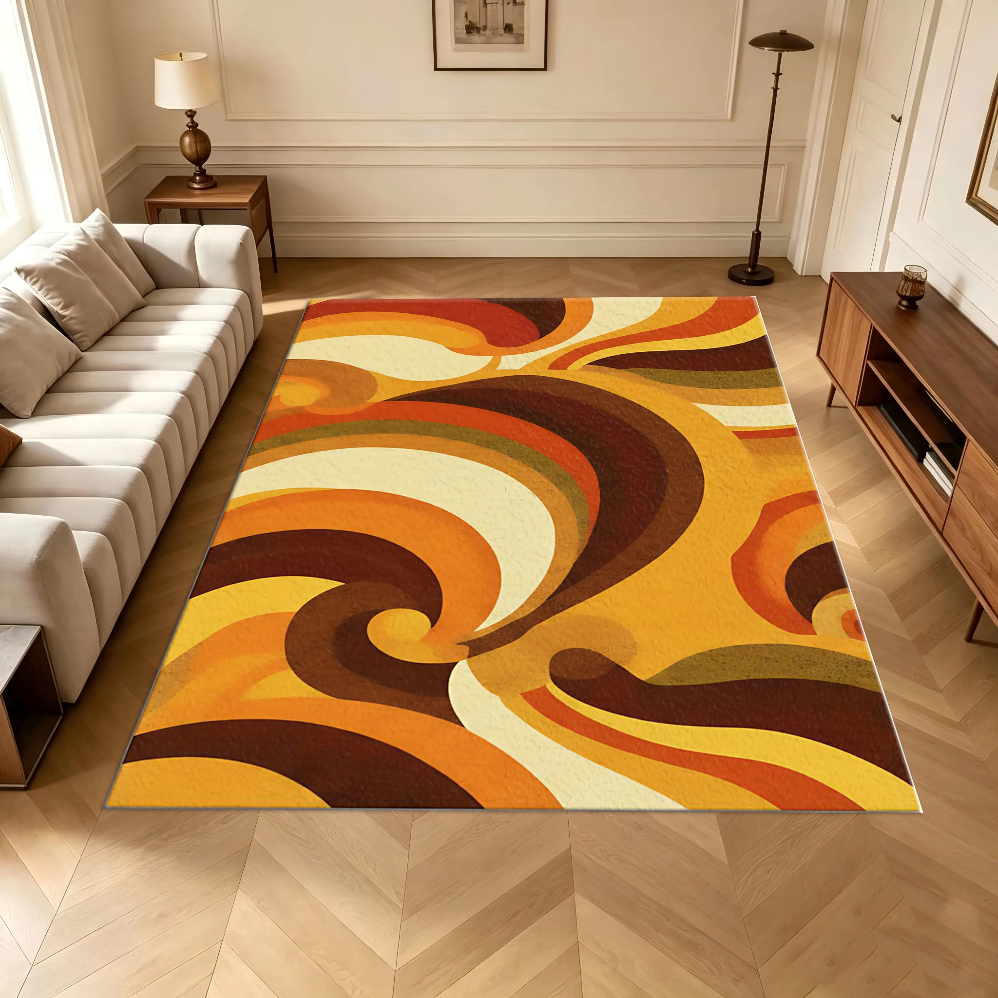 Retro Orange and Yellow Swirl Abstract Pattern Carpet, Mid-Century Modern Style Carpet, Indoor Home Decor Rug