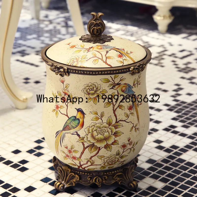Large retro living room trash can with lid - home decor creative storage bucket ornament