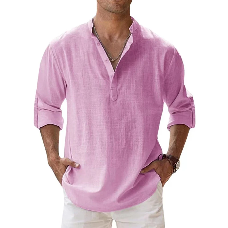 Nieuwe katoenen linnen shirts voor heren Casual shirts Lichtgewicht Henley Beach-shirts met lange mouwen Hawaiiaanse T-shirts voor heren