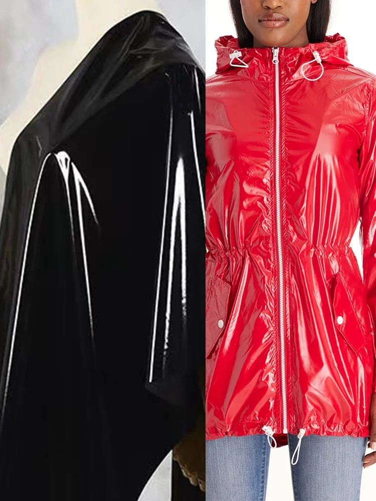 Shiny Patent Leather Hooded Trench Women Faux Latex Chic Loose PVC Long Coat with Pocket Long Sleeve Overcoat Stretch PU Outwear