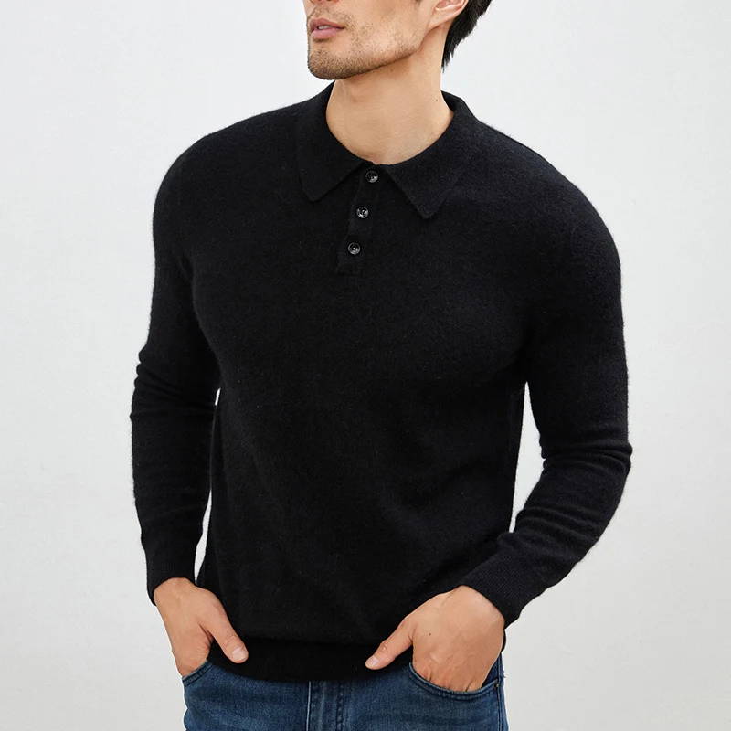 Nuevo 100% suéter de cachemira pura para hombre, jersey de manga larga con cuello tipo Polo, suéter de cachemira informal de negocios con parte inferior de punto a la moda.