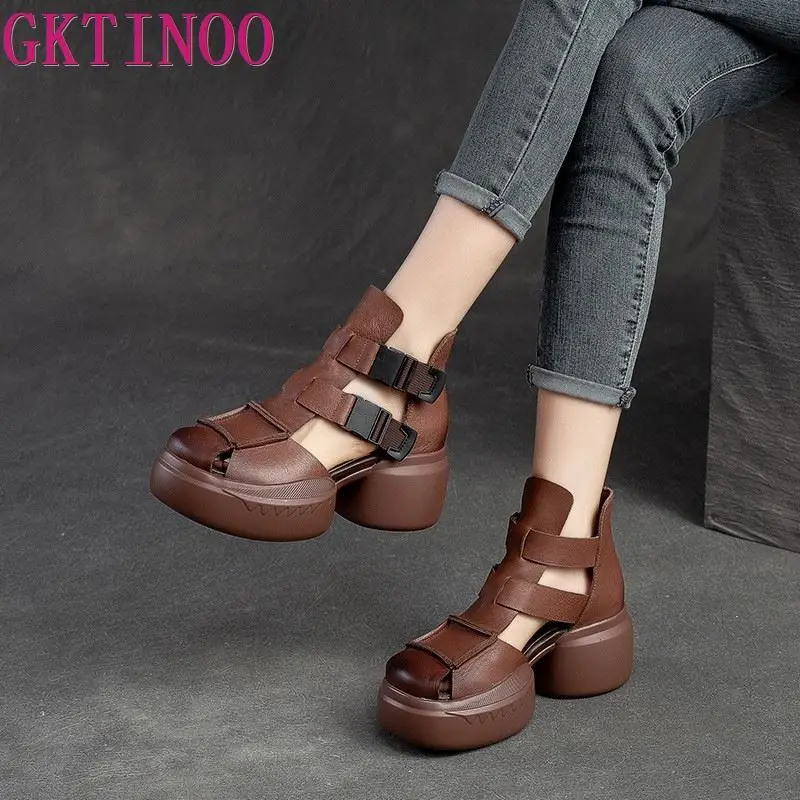 GKTINOO 2024 New Summer Black Women Genuine Leather Sandals Cool Boots Platform Shoes Wedges Sandals Women Shoes Outdoor Sandals