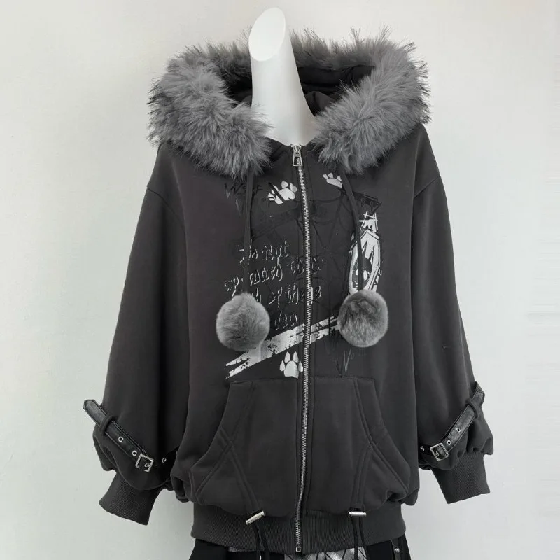 

Новая женская толстовка Y2K в японском стиле с волчьими ушками, на флисовой подкладке, с меховым воротником, темно-серая, в стиле стритвир, на молнии