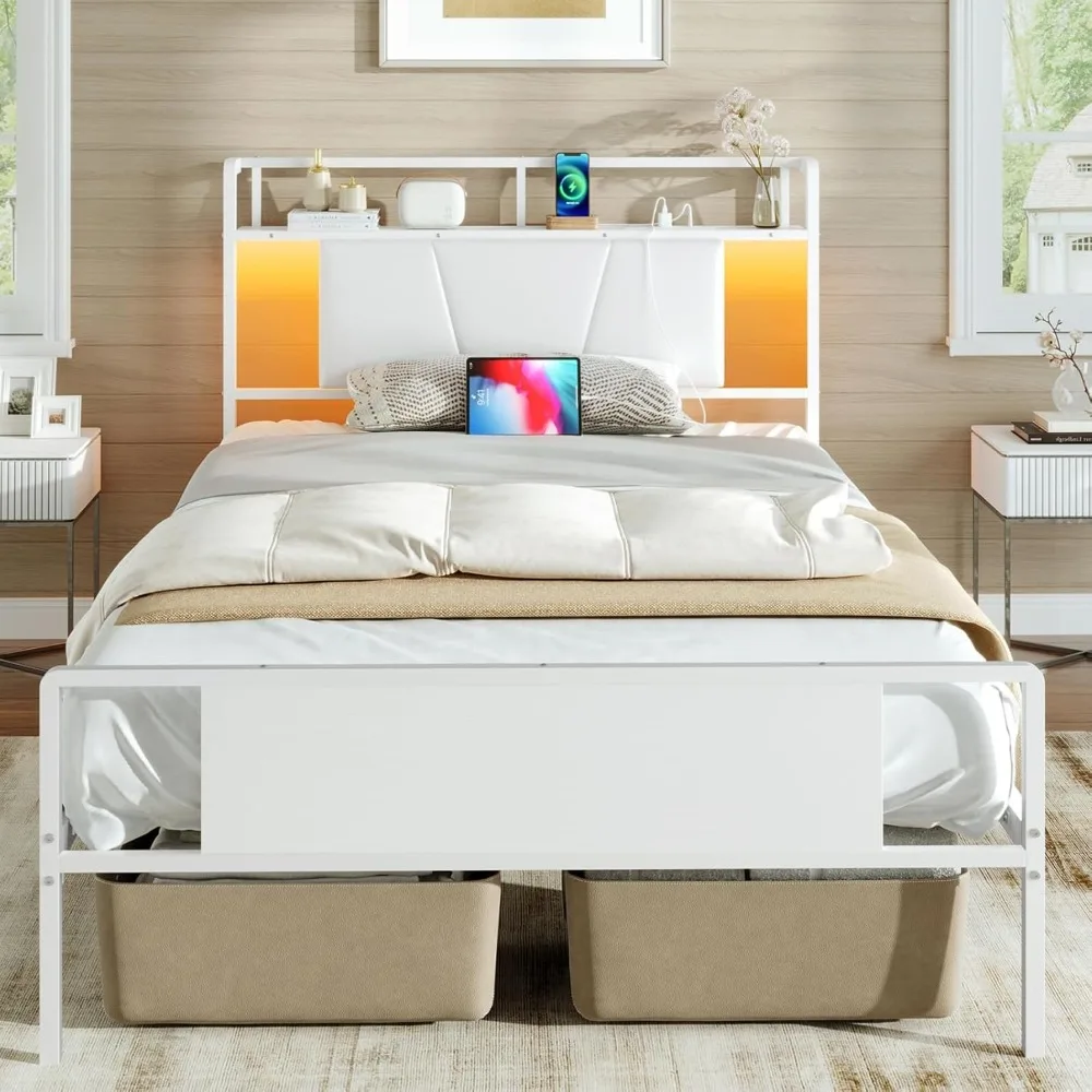 

Twin Bed Frame with Upholstered Headboard, LED Bed Frame with Charging Station, Metal Platform with Under Storage