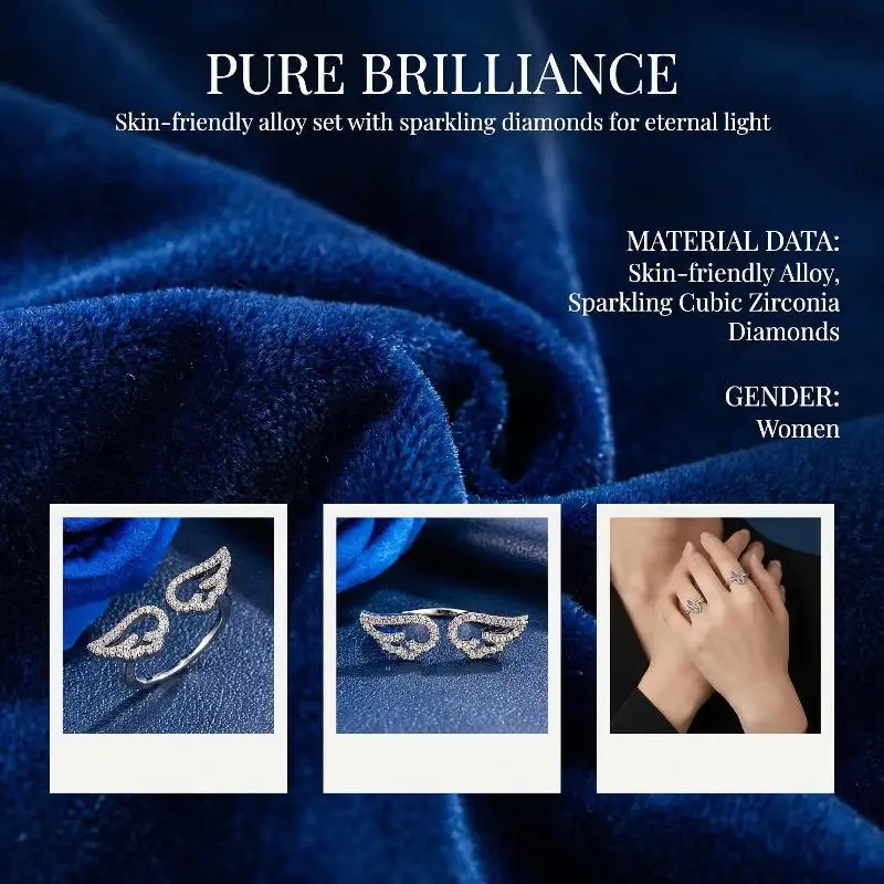 Engelsflügel-Mikro-Intarsien-Ring mit Hohlmuster, Verstellbarer Öffnungsring für Damen, Fingerschmuck, Geschenke – Detail 5