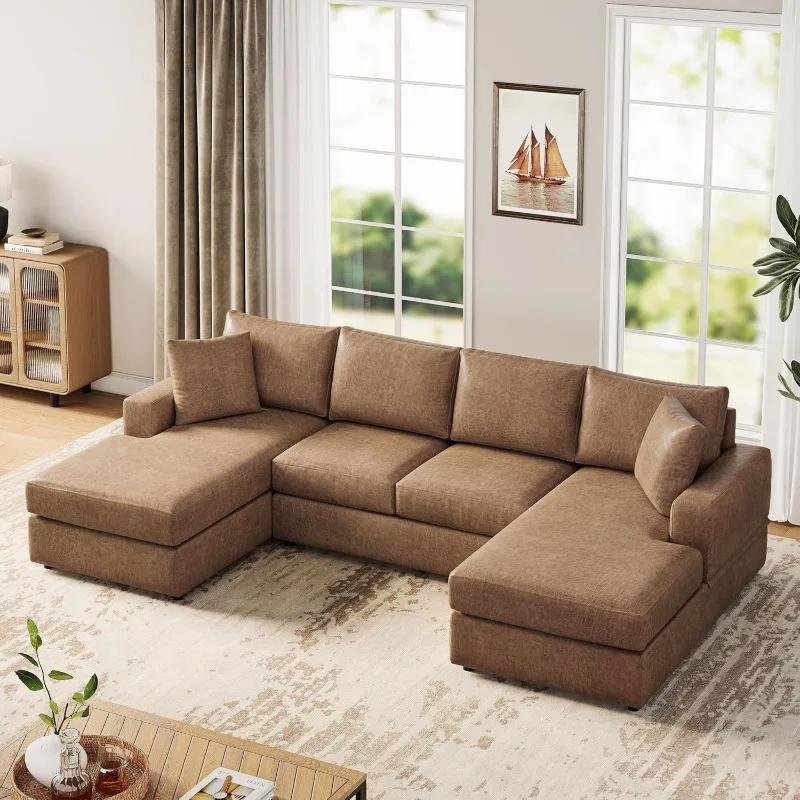 116'' U Shaped Sectional Sofa Couch, Faux Leather Modern Cozy Jumbo Size 6-Seater Sofa, Double Chaise Longue，Living Room Sofa