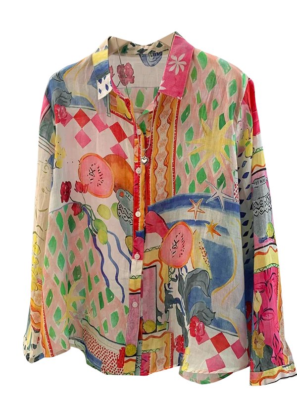   Damska bluzka z długim rękawem, nadrukiem, idealna na wiosnę i jesień, luźna, klasyczny kołnierzyk, oddychająca, wygodna, modna.