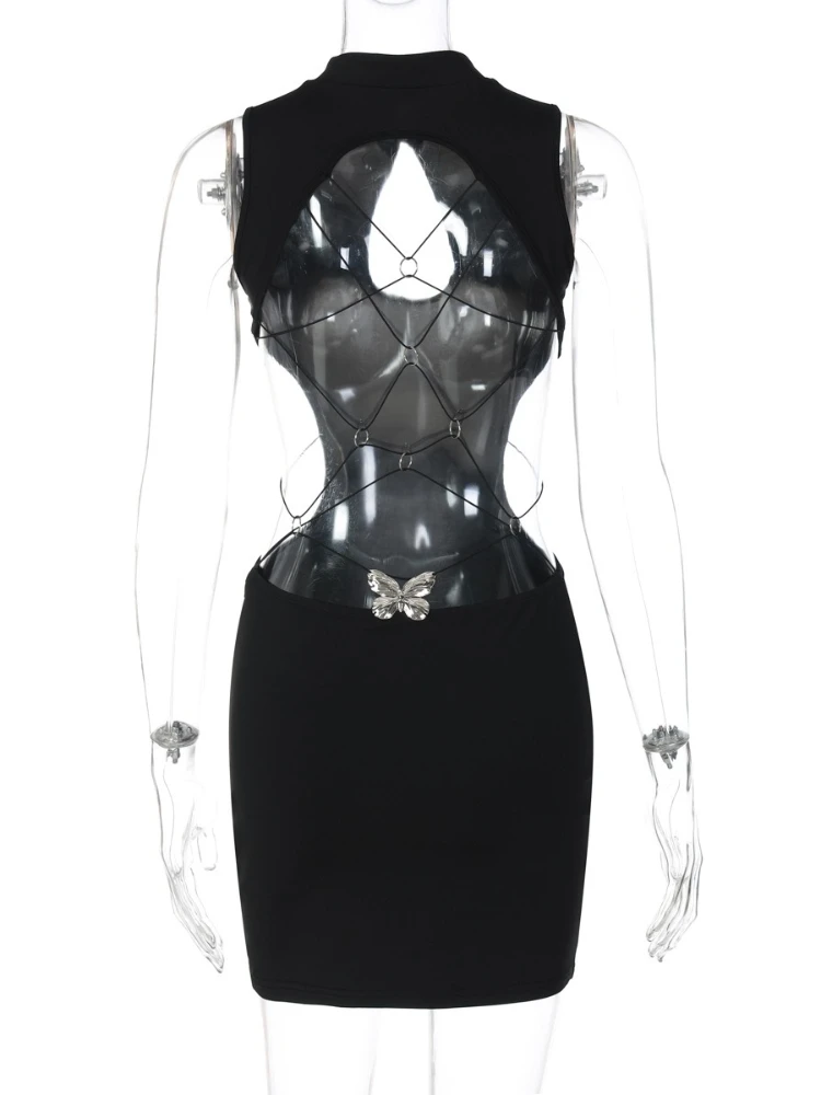 فستان قصير مثير بدون ظهر من FDYOUI ملابس خروج نسائية بدون أكمام على شكل فراشة معدنية مقصوصة باللون الأسود للحفلات والنوادي الليلية