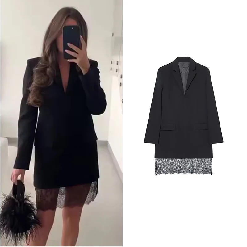 Blazersjurk Dames Lente 2026 Nieuw Zwart Elegant Kant Decoratie Damesjurken Chique Jeugd Reizen Vakantie Jurk Straat