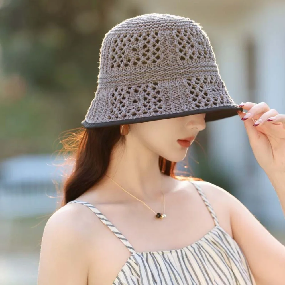 

Temperament Knitted Bucket Hat Breathable Anti-UV Sunshade Basin Cap French Style Solid Color Woven Fisherman Hat Spring